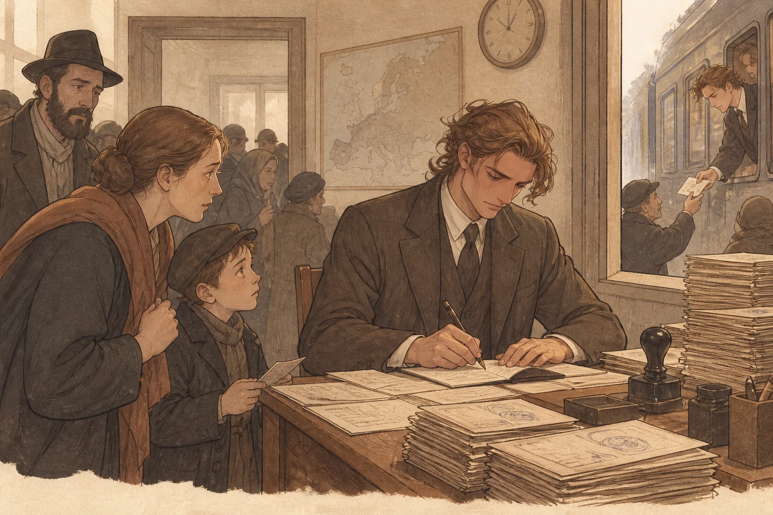 Scene illustration of visa issuance at a consulate