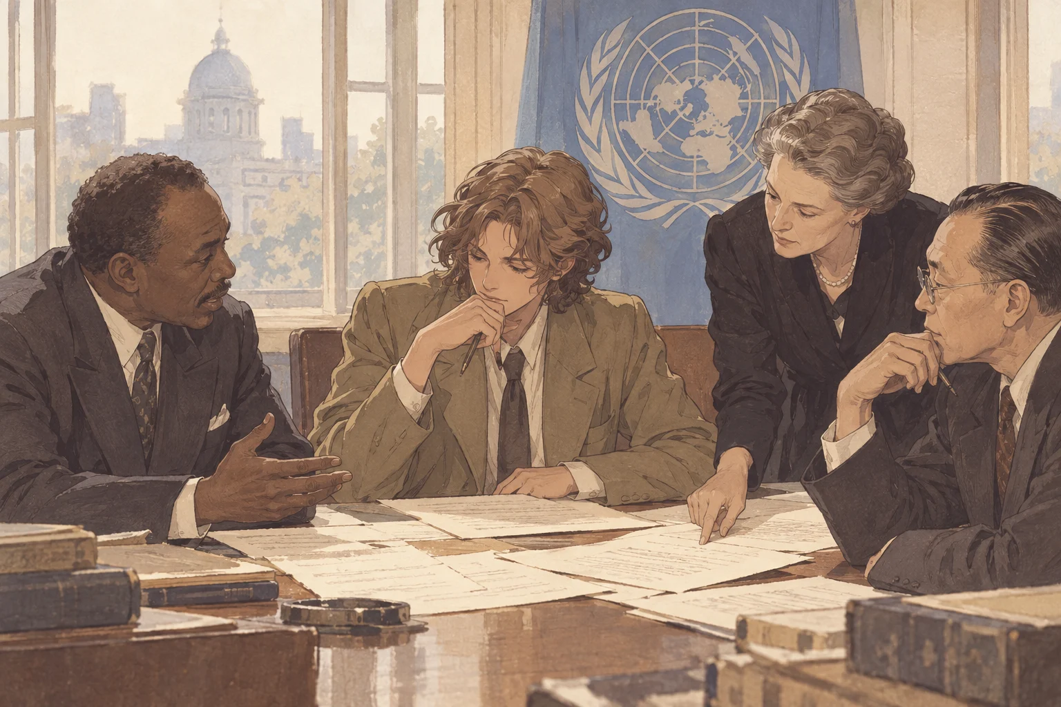 Scene illustration of the drafting of the Universal Declaration of Human Rights