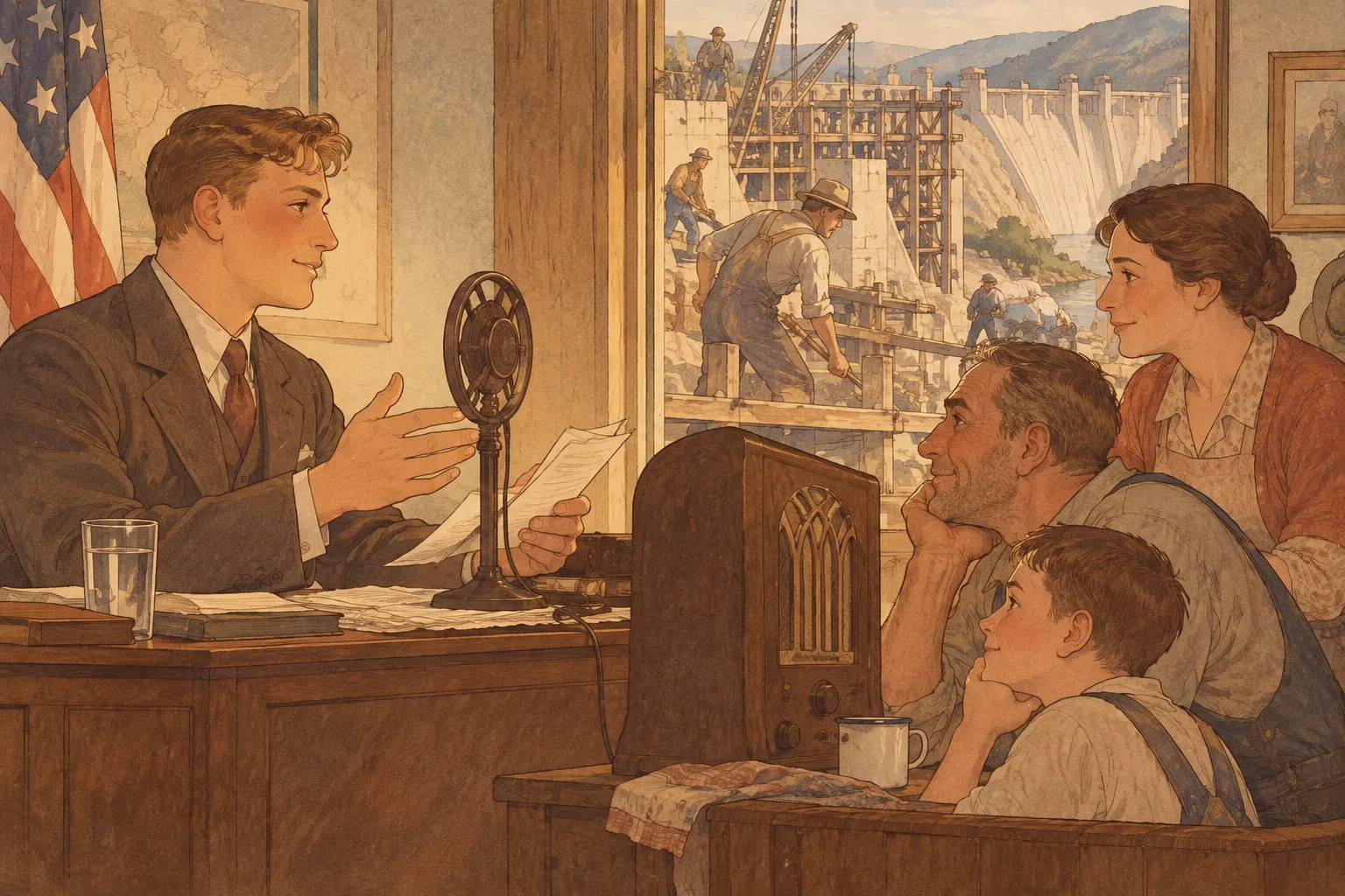 Scene illustration of New Deal public works projects and fireside chats