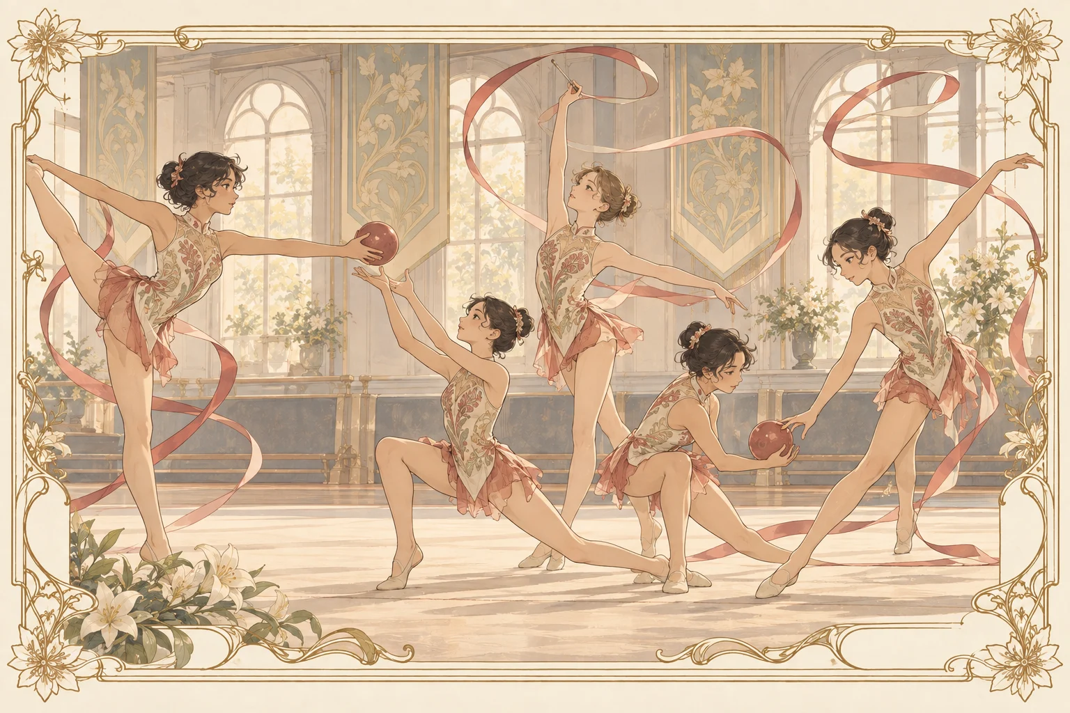 新体操の団体演技の場面イラスト