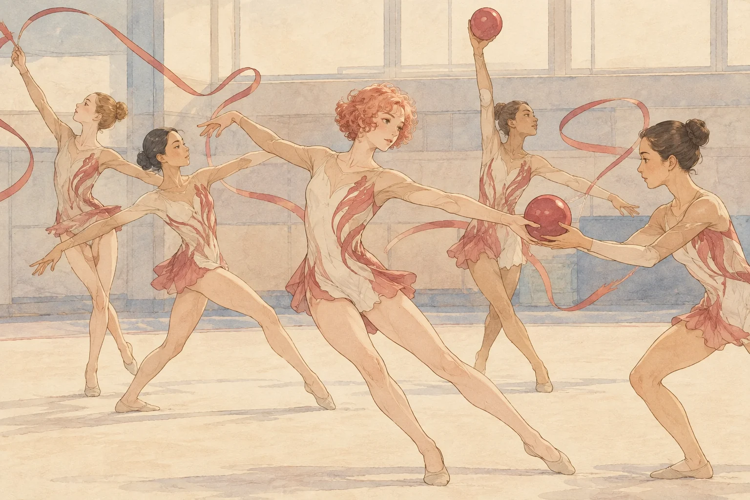 Rhythmic gymnastics team performance scene illustration