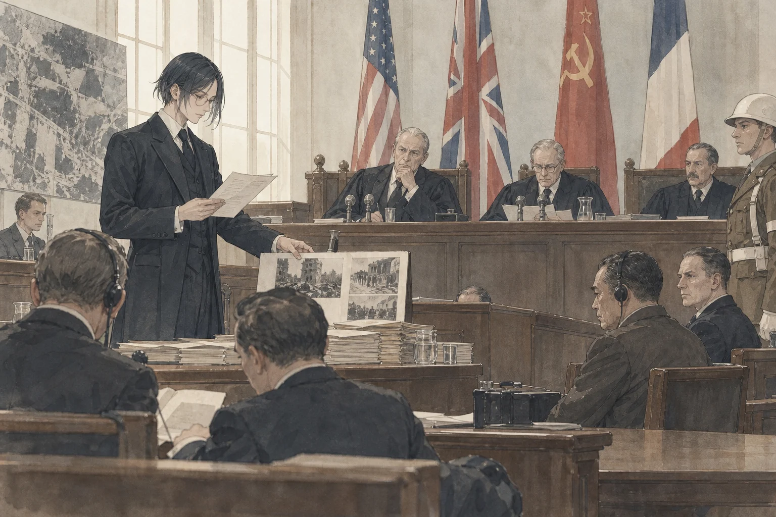 Scene illustration of the opening of the International Military Tribunal
