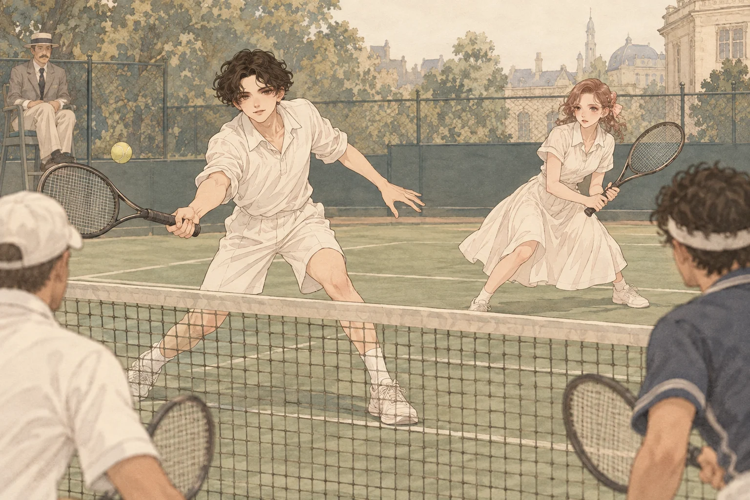 Tennis doubles scene illustration