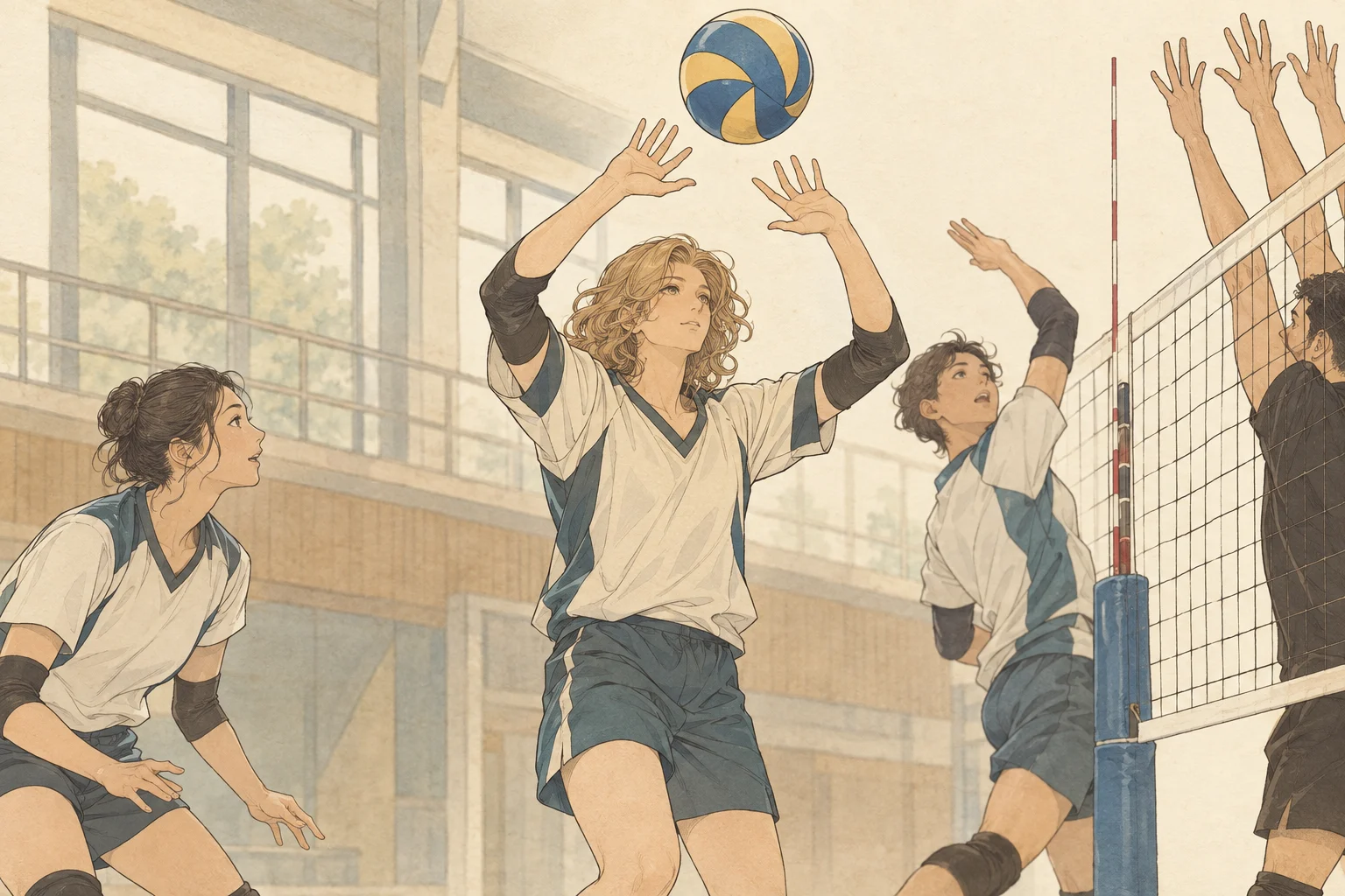 Volleyball setter scene illustration