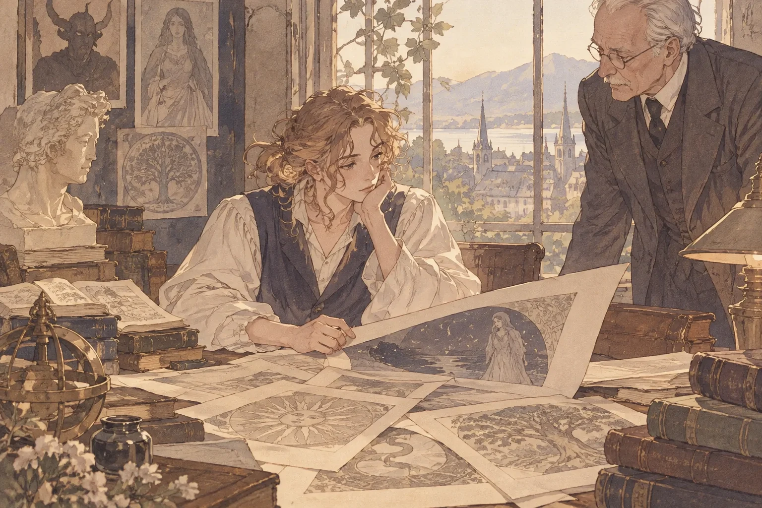 Scene illustration of humans and symbols