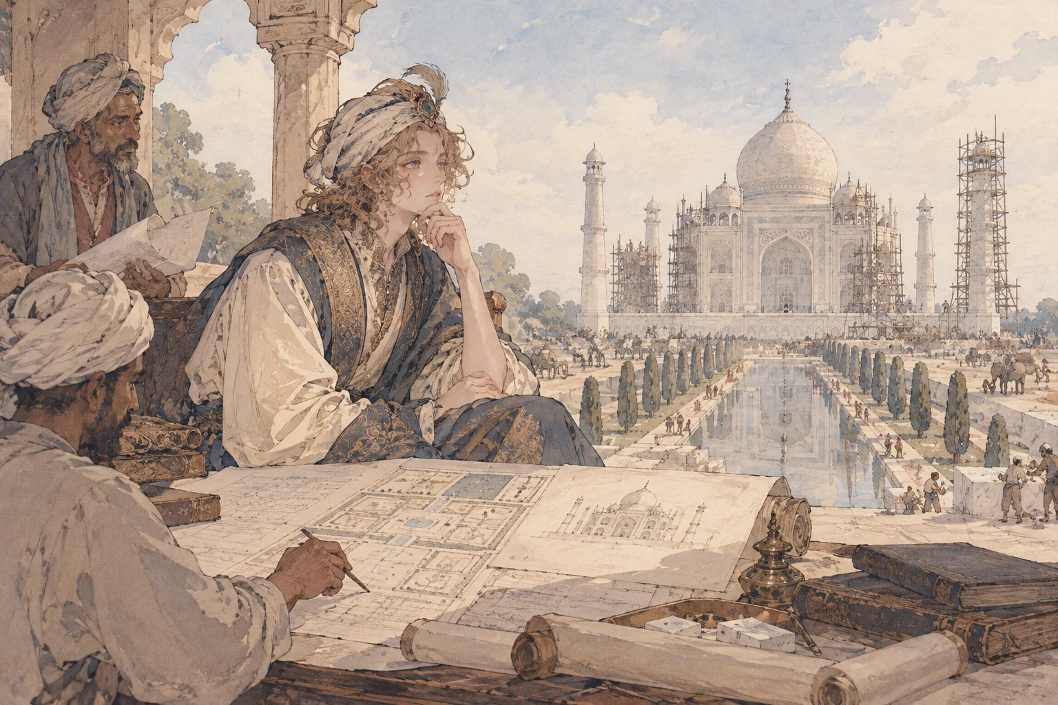 Illustration of the construction of the Taj Mahal