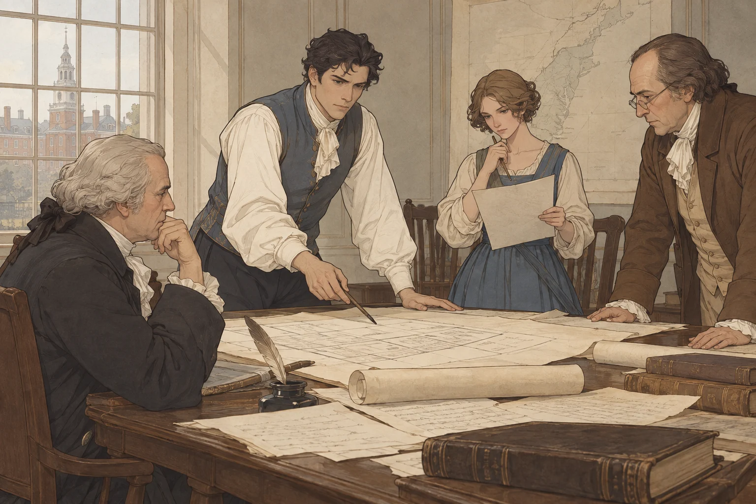 Scene illustration of the design of the United States Constitution