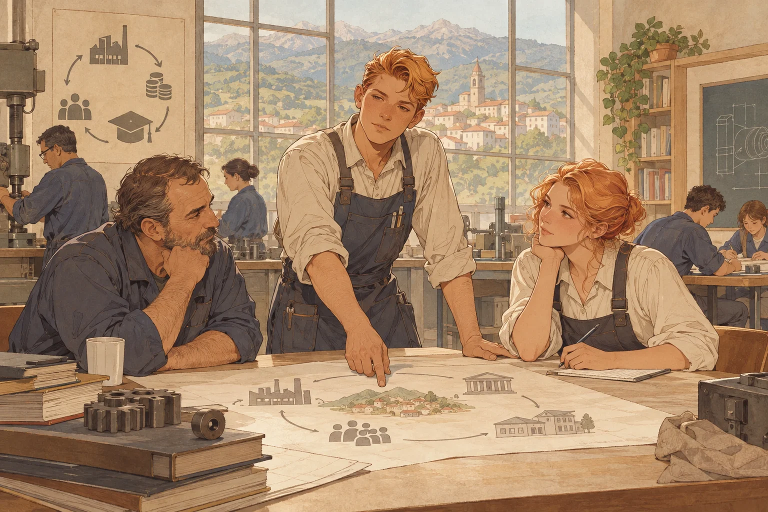Mondragon cooperative scene illustration