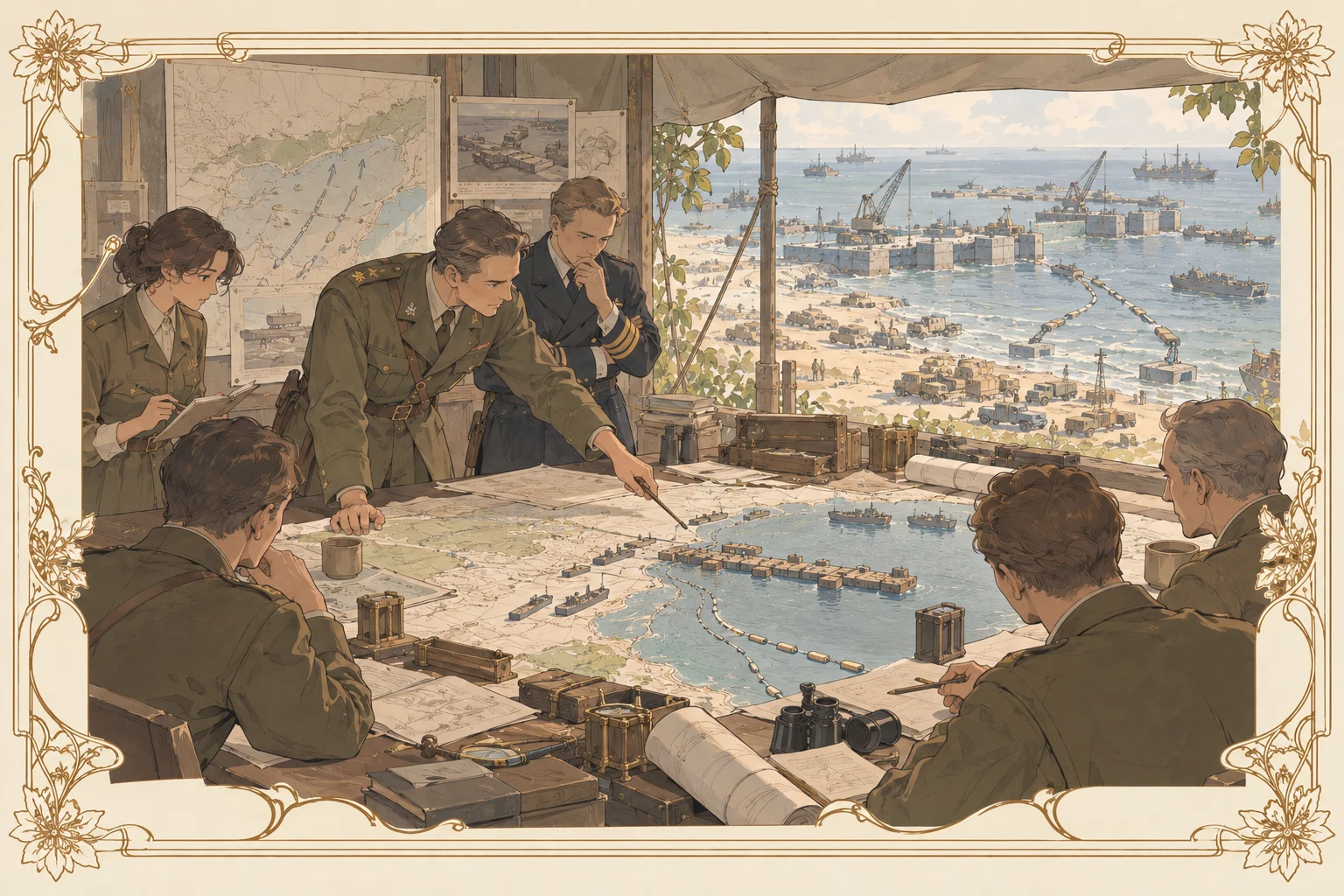 上陸作戦の兵站計画の場面イラスト