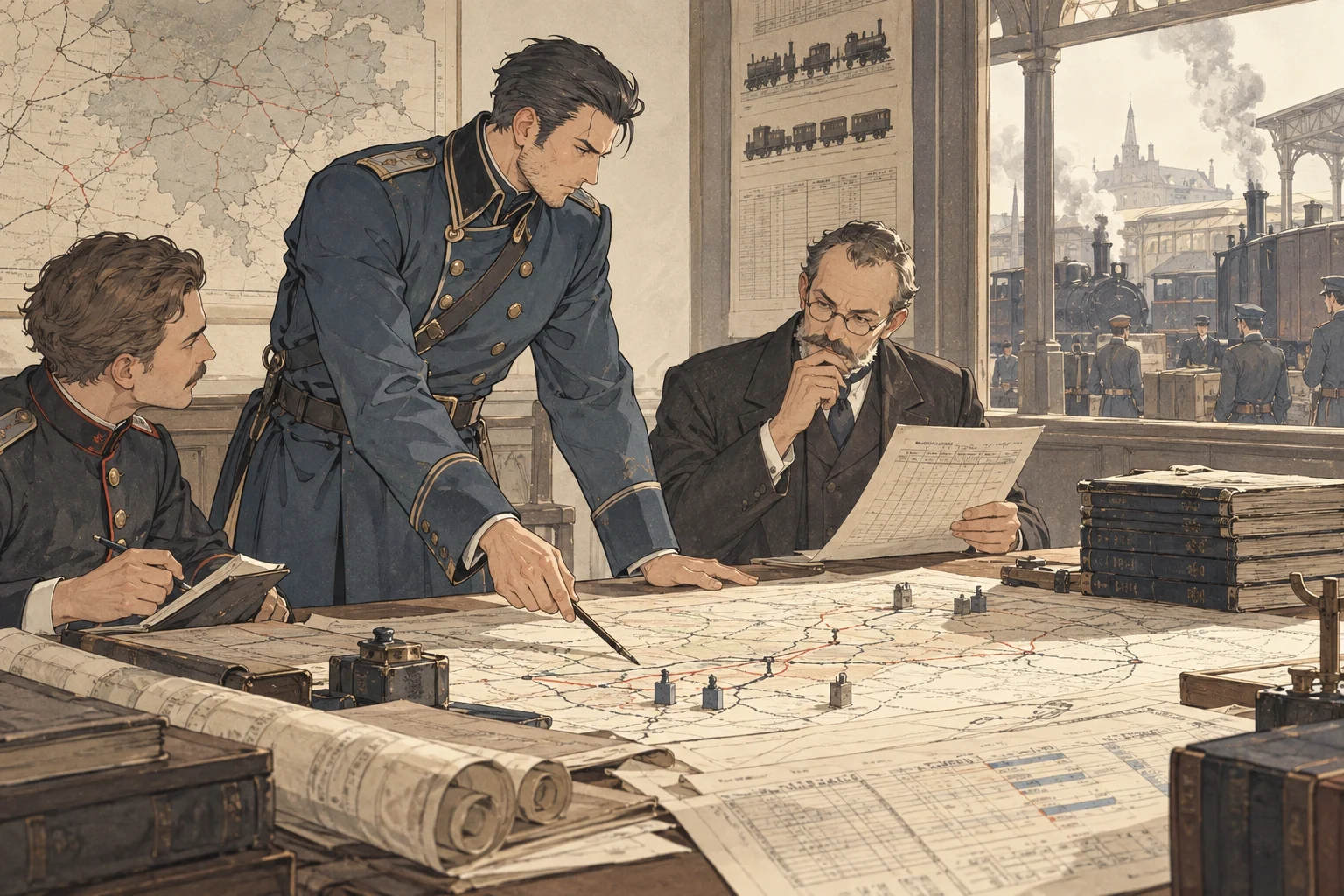 Scene illustration of the institutionalization of the General Staff Headquarters and railway mobilization