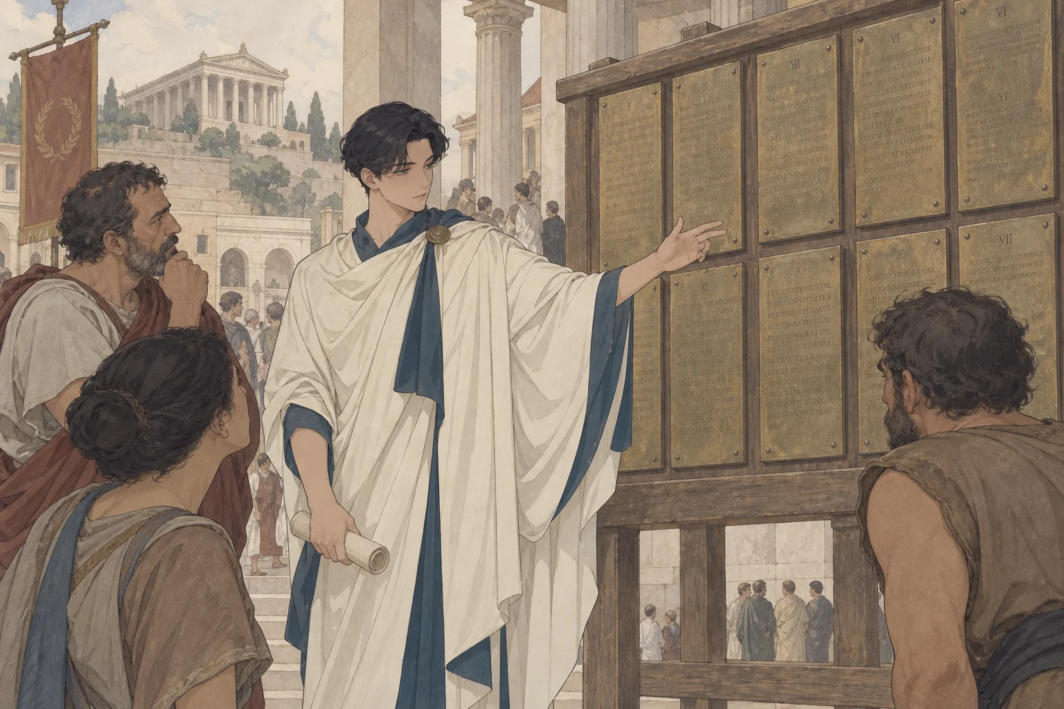Scene illustration of the public announcement of the Twelve Tables Law