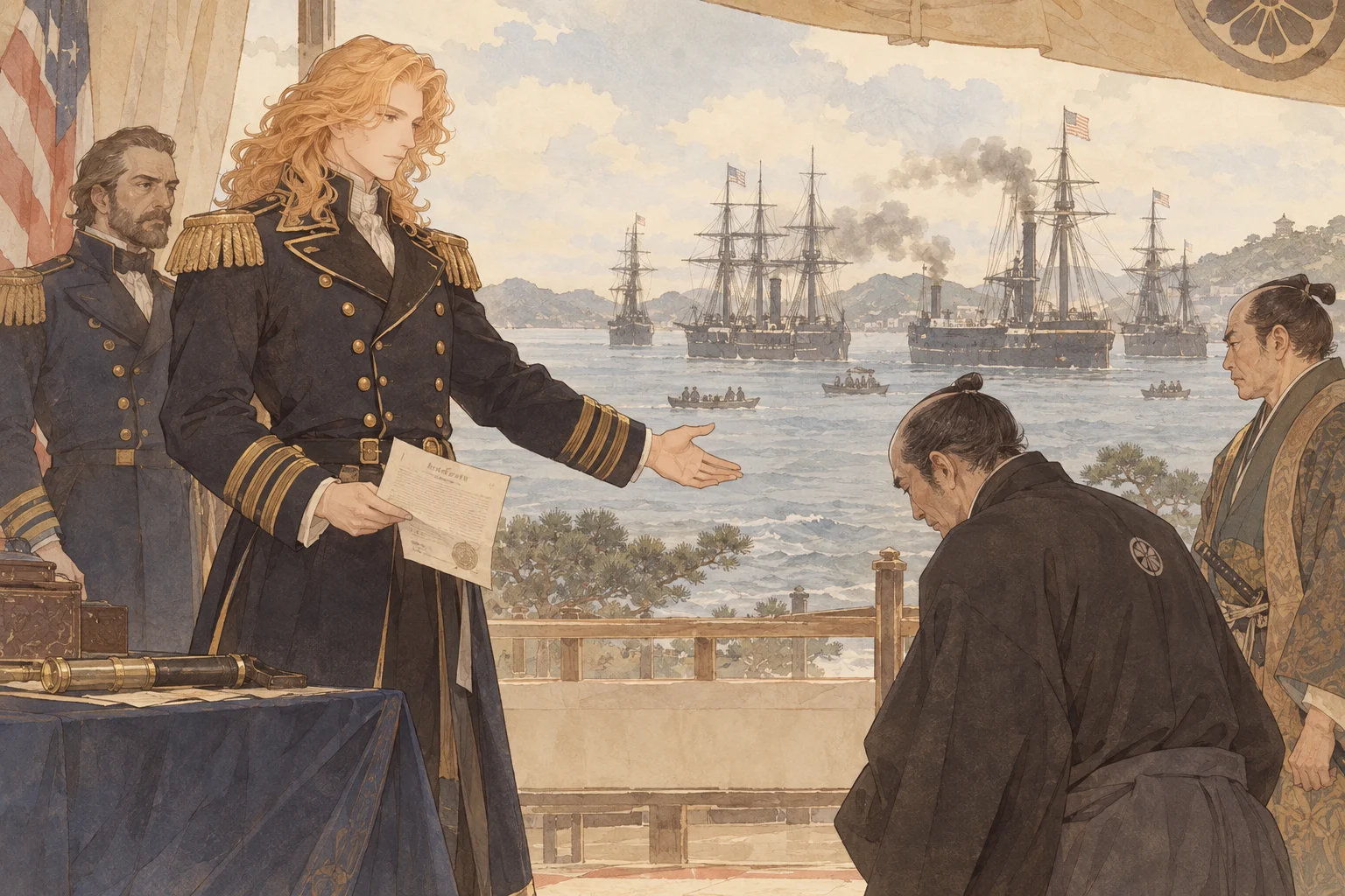 Scene illustration of a fleet requesting port opening