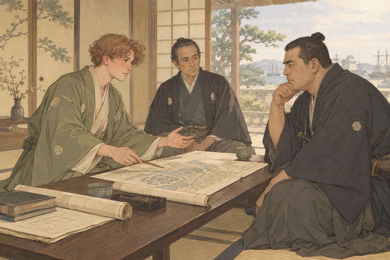 Scene illustration of the bloodless surrender of the castle in Edo