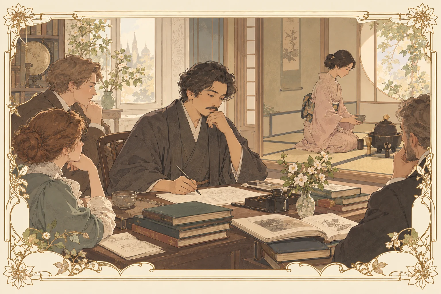茶の本を英語で書くの場面イラスト
