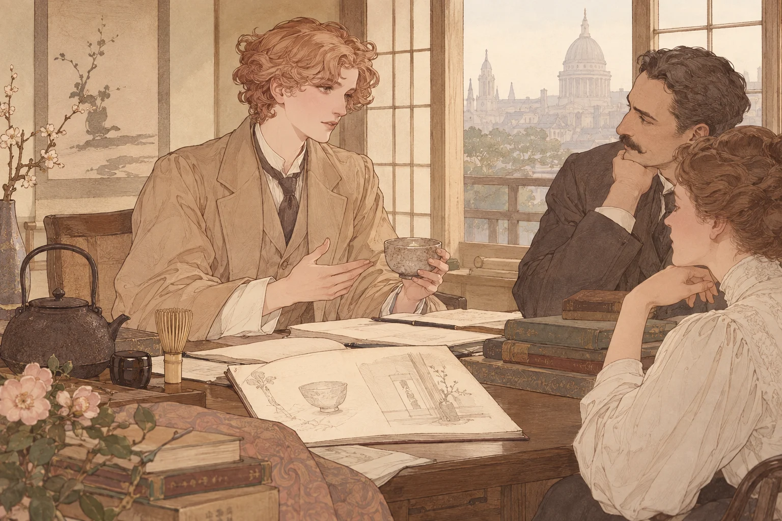 Scene illustration of writing tea book in English
