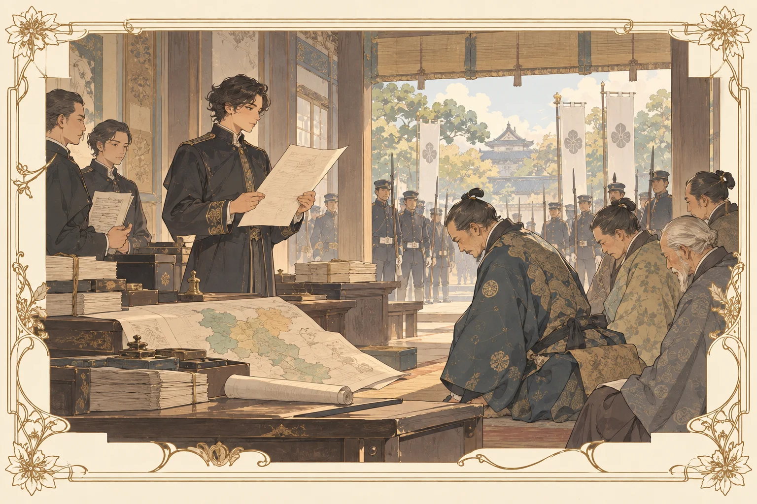 廃藩置県の場面イラスト