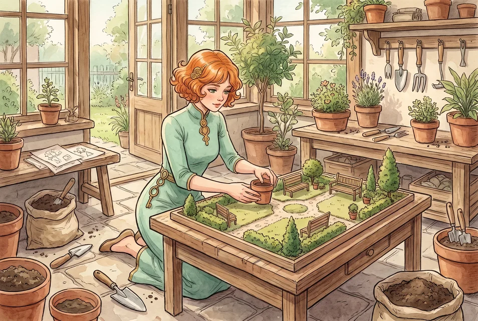 Assemble the relationship between the pot, path, and chair.